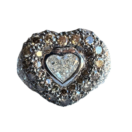 18k Heart Shaped White and Brown Diamond Ring