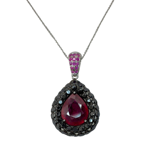 18k Black Diamond and African Ruby Pendant with 14k Chain Necklace