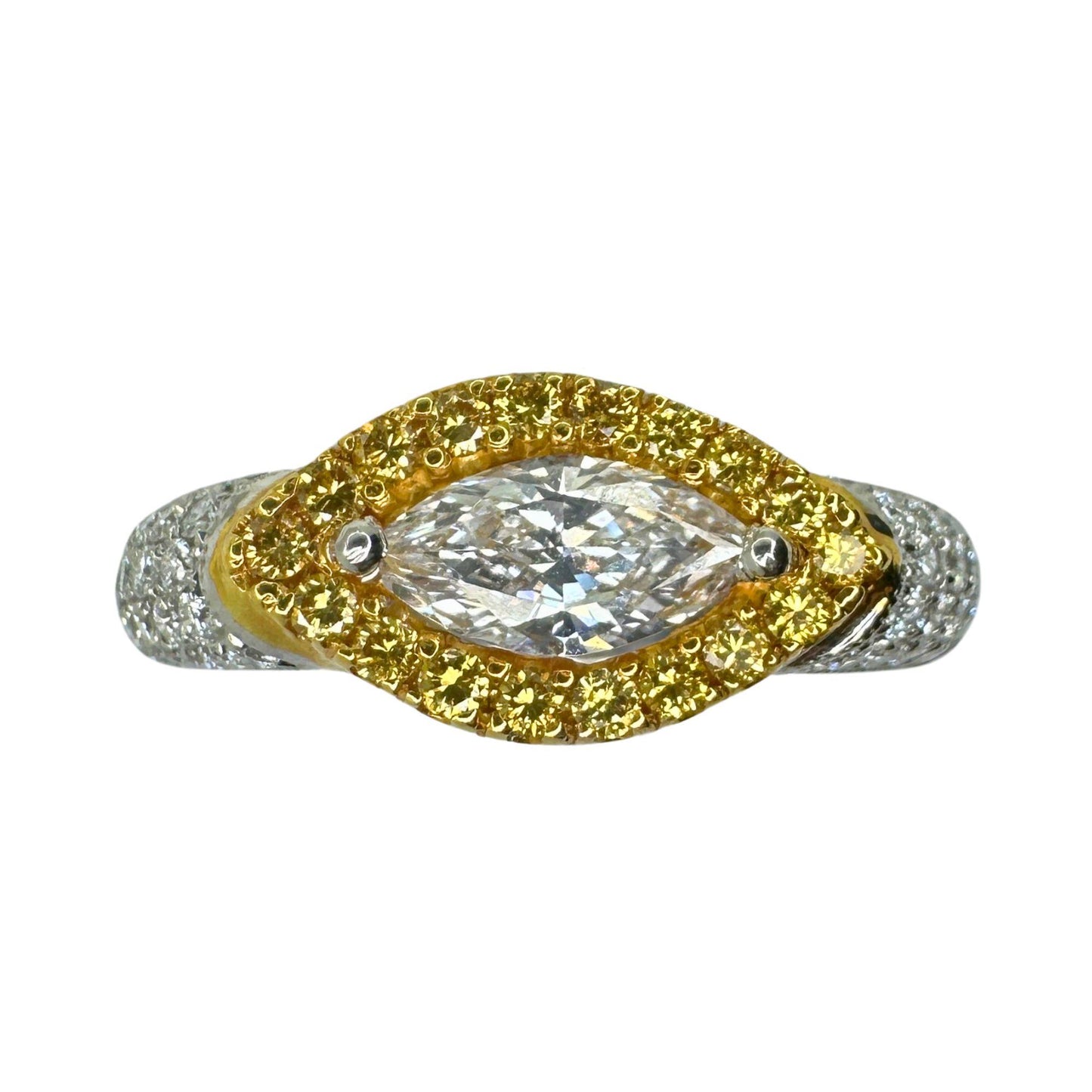 18k East-West Marquise Shaped Diamond Center and Yellow Diamond Halo Ring