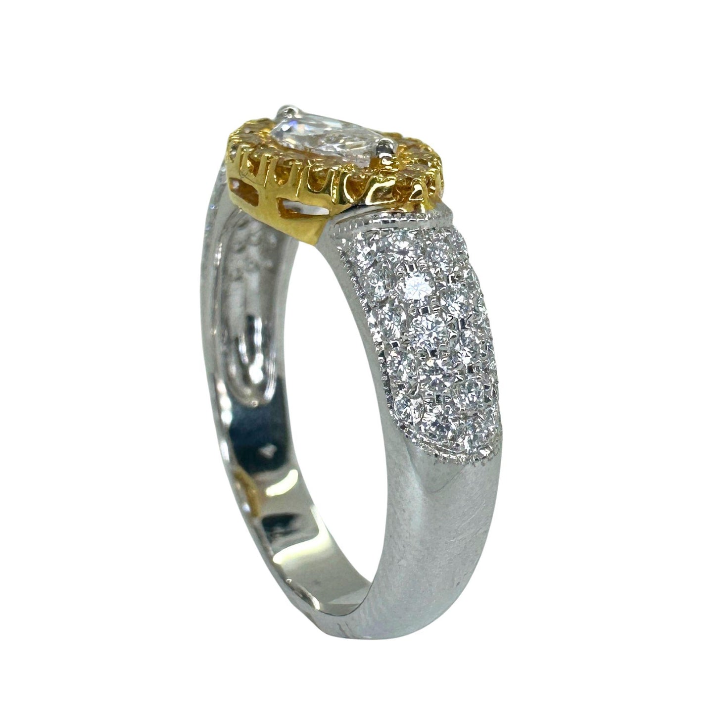 18k East-West Marquise Shaped Diamond Center and Yellow Diamond Halo Ring