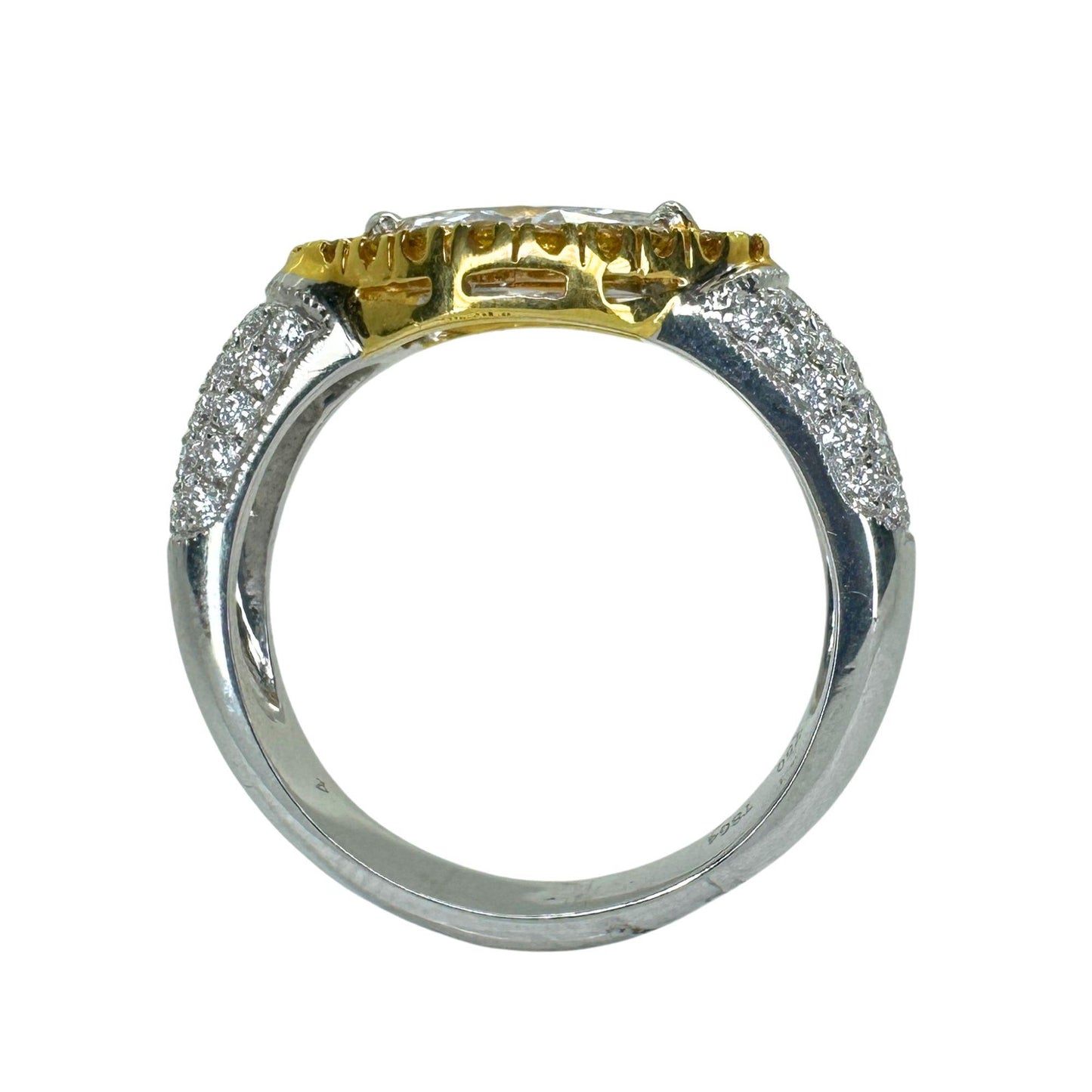 18k East-West Marquise Shaped Diamond Center and Yellow Diamond Halo Ring