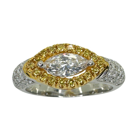 18k East-West Marquise Shaped Diamond Center and Yellow Diamond Halo Ring