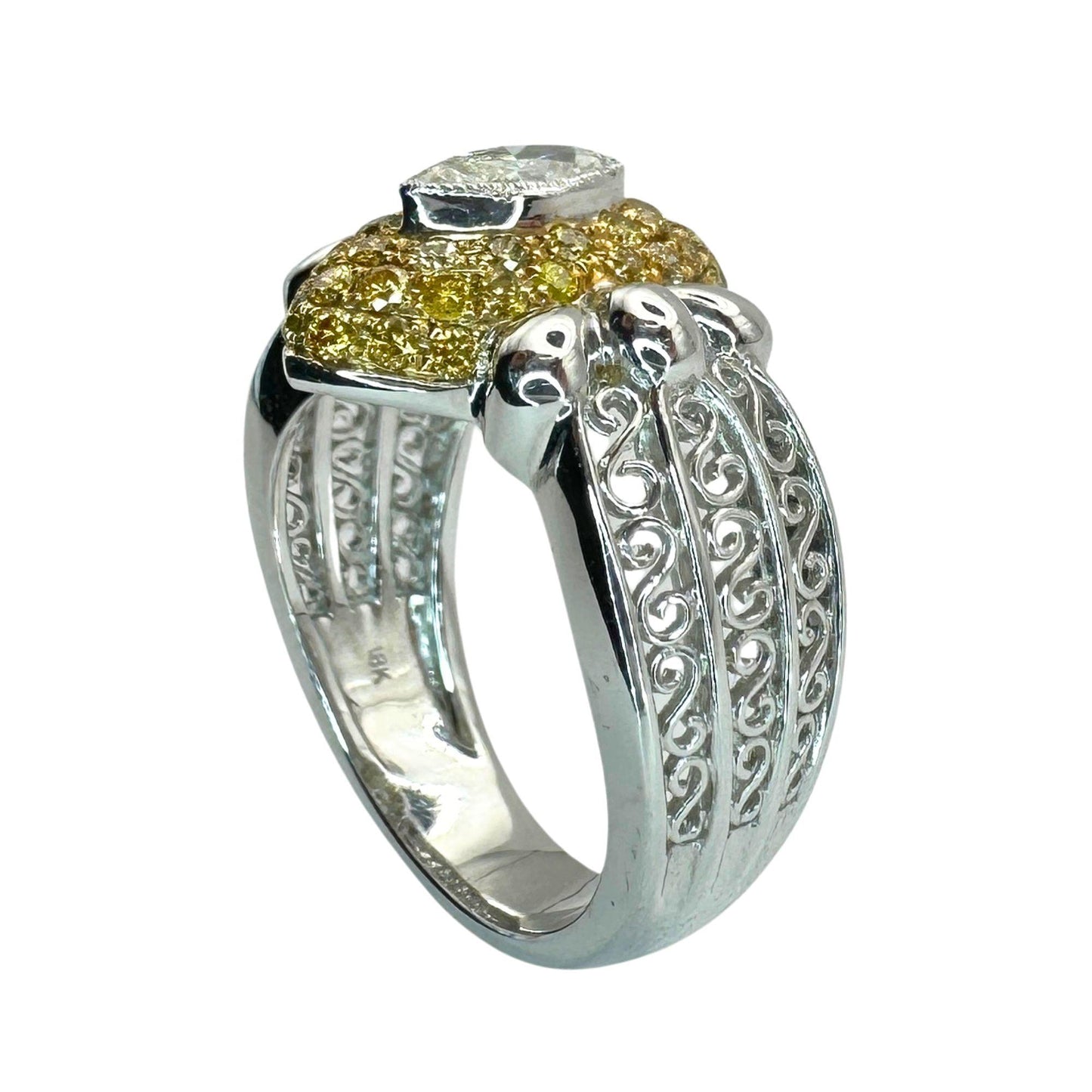 18k North-South Marquise Cut White Diamond and Yellow Diamond Ring