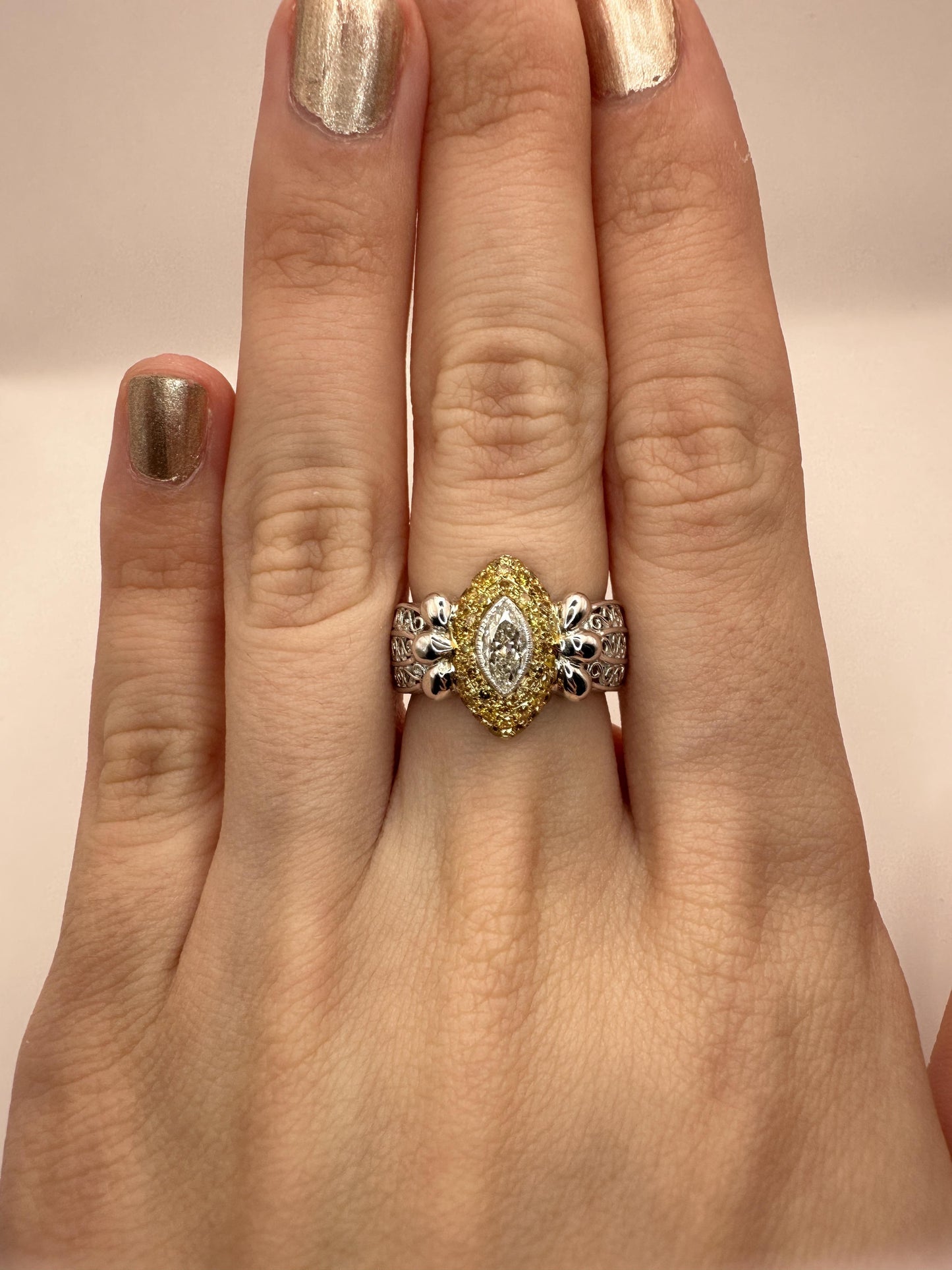 18k North-South Marquise Cut White Diamond and Yellow Diamond Ring