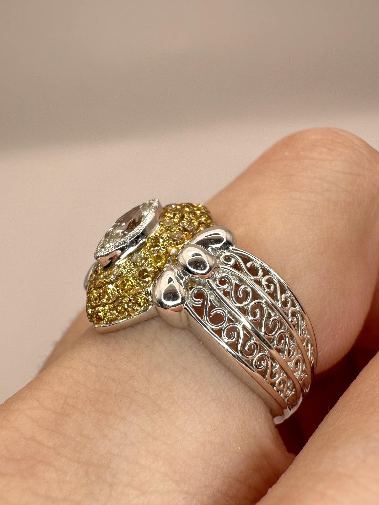 18k North-South Marquise Cut White Diamond and Yellow Diamond Ring
