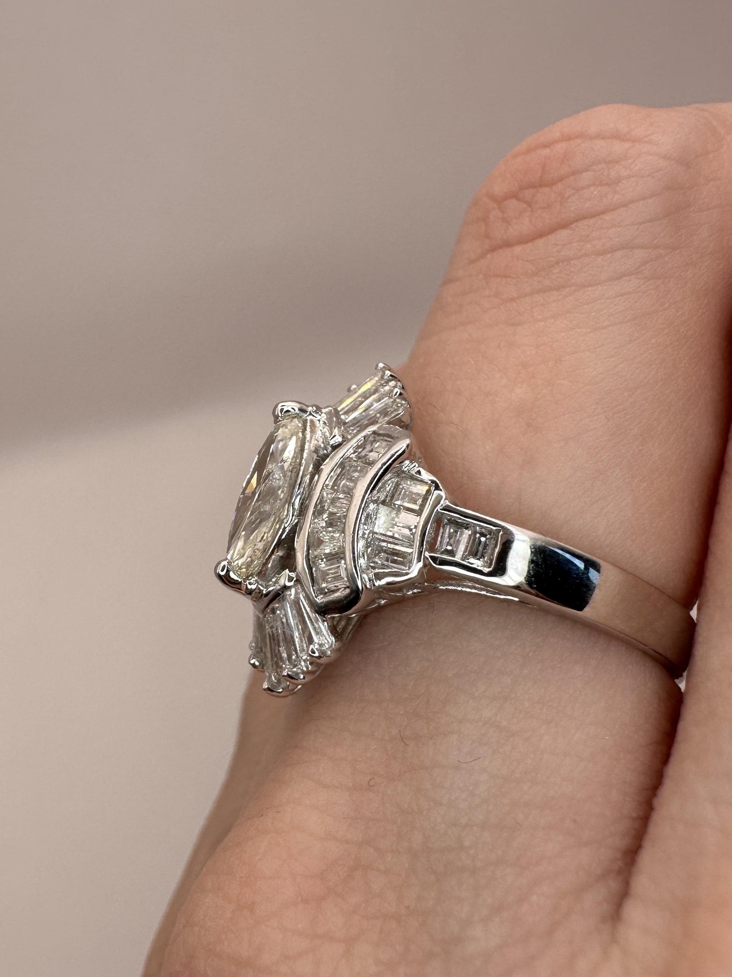18k Baguette and Marquise Cut Diamond Navette Ring