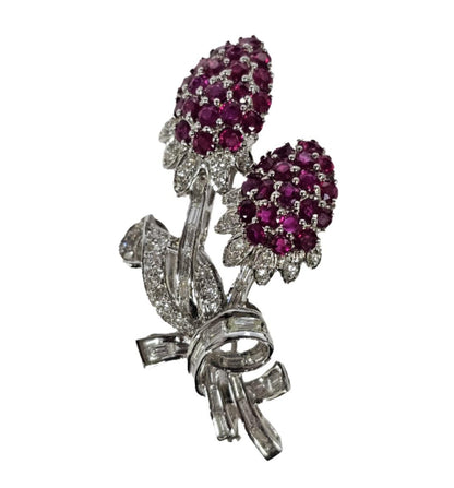 18K Diamond and Ruby Flower Brooch