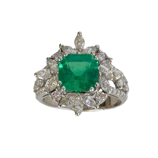 18k White Gold Marquise Cut Diamond and Emerald Ring