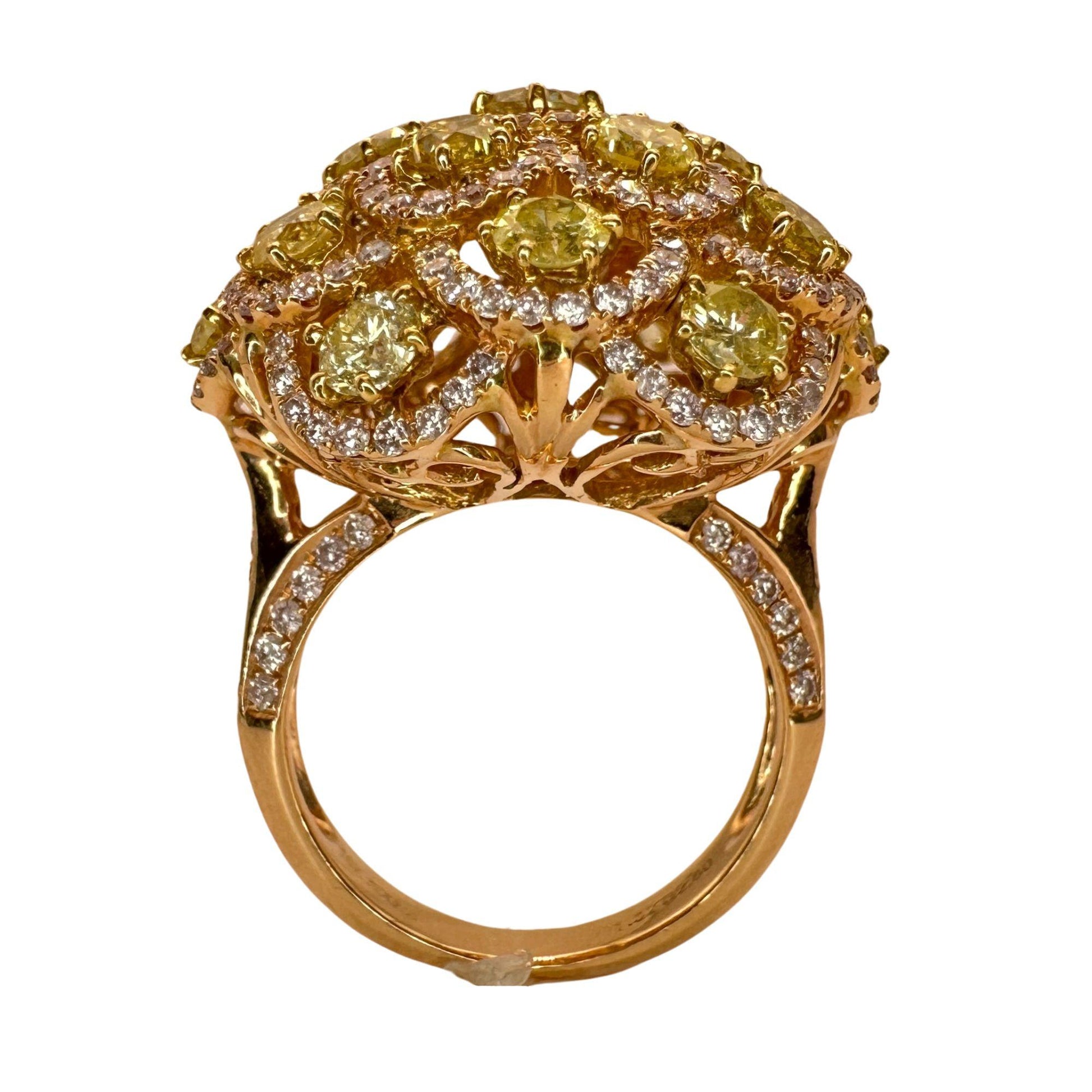 18K Rose Gold Pink and Yellow Diamond Dome Cocktail Ring - Size 6