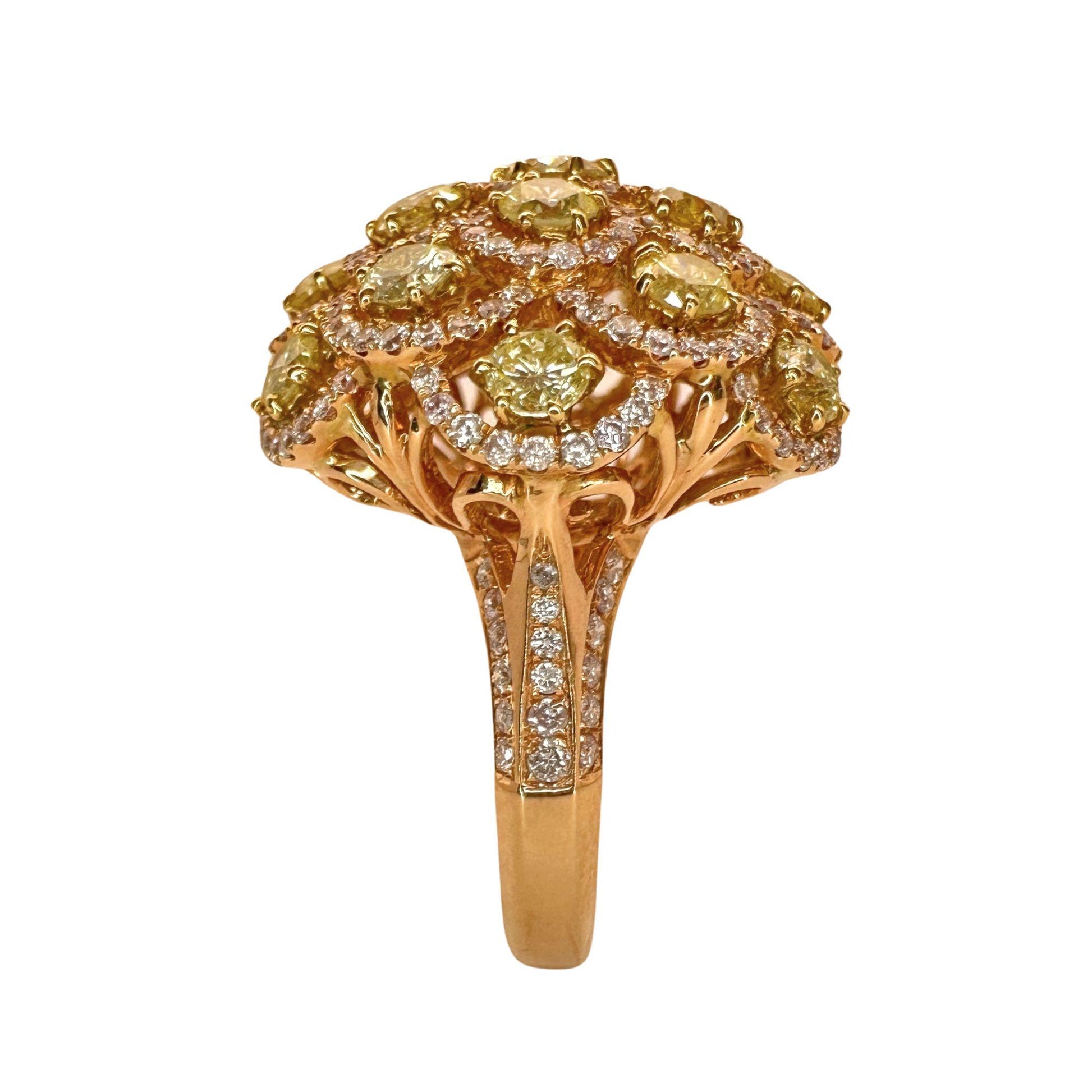 18K Rose Gold Pink and Yellow Diamond Dome Cocktail Ring - Size 6