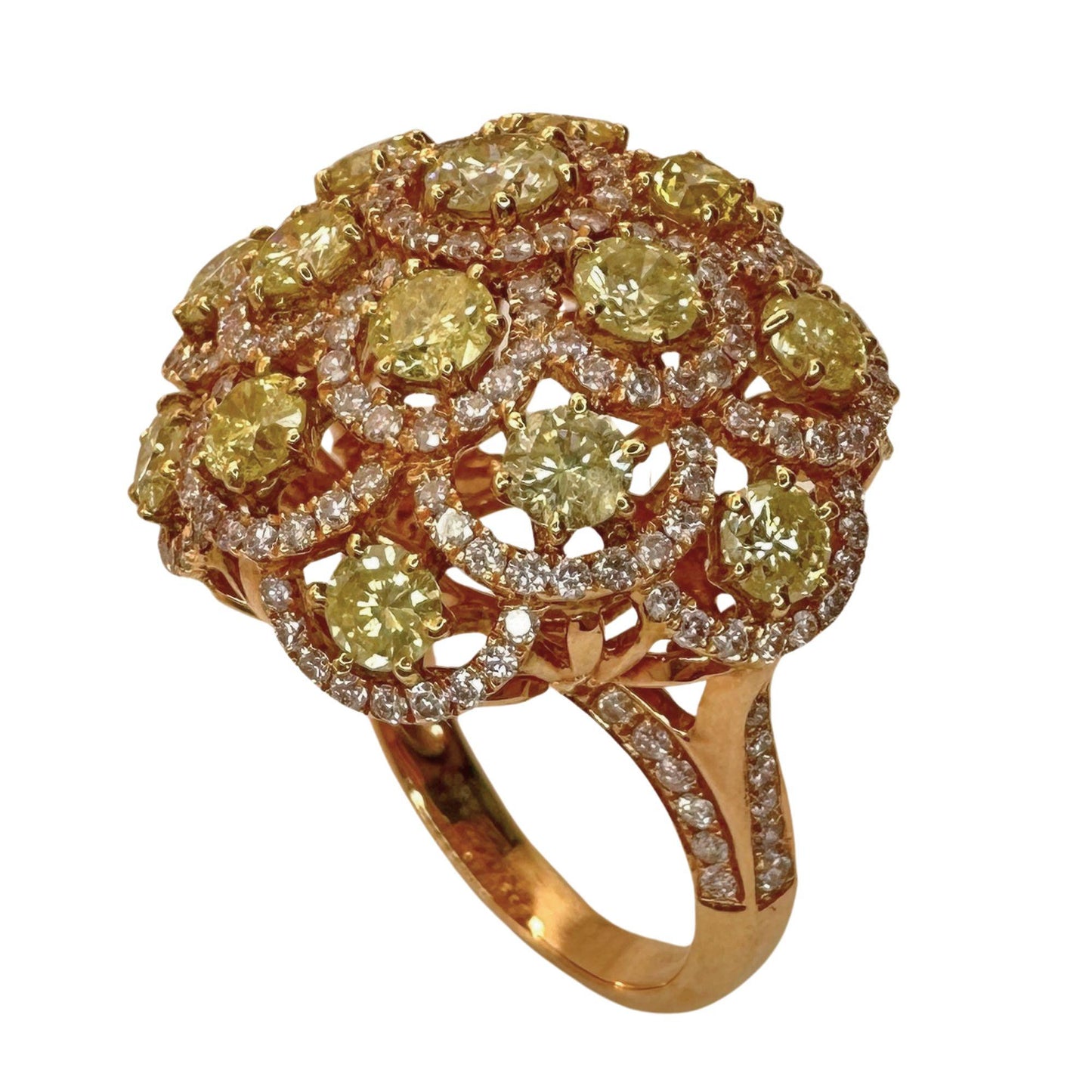 18K Rose Gold Pink and Yellow Diamond Dome Cocktail Ring - Size 6