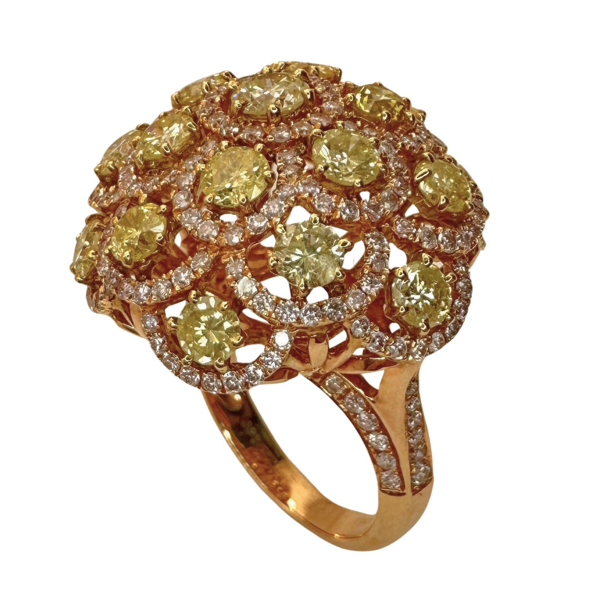 18K Rose Gold Pink and Yellow Diamond Dome Cocktail Ring - Size 6
