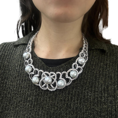 18K White Gold Diamond and Pearl Choker Necklace