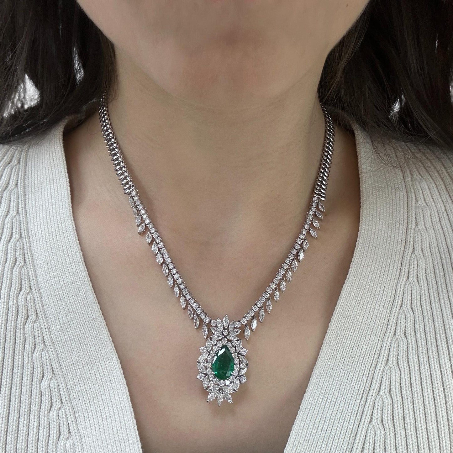 18K White Gold Marquise Cut Diamond and Pear Cut Emerald Necklace