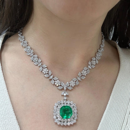 18K White Gold Diamond and Round Emerald Drop Necklace