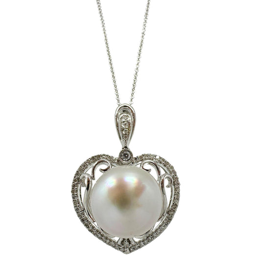 18K White Gold Diamond and Pearl Heart Pendant Necklace