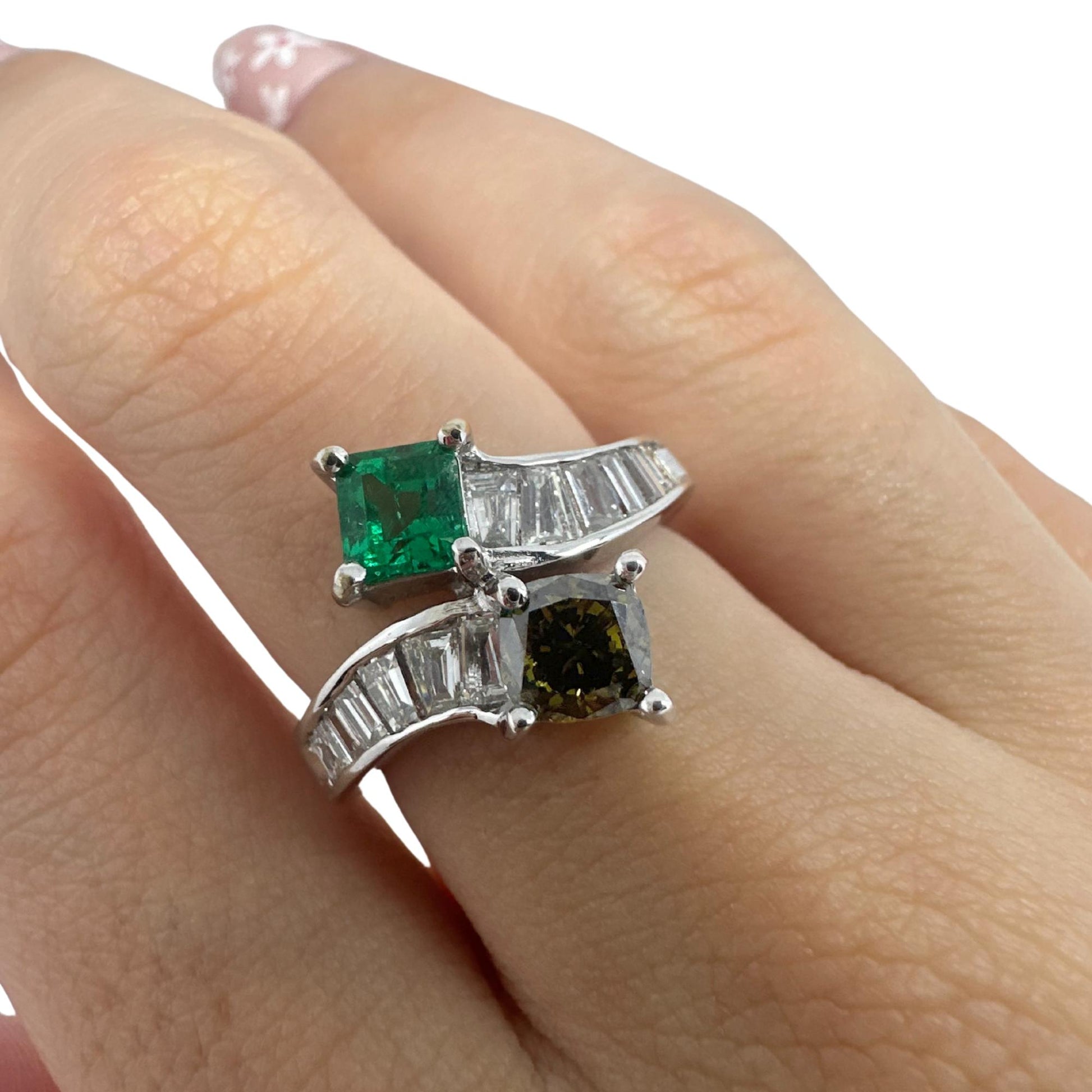 18K White Gold Brown Diamond, Baguette-Cut White Diamond, and Emerald Toi et Moi