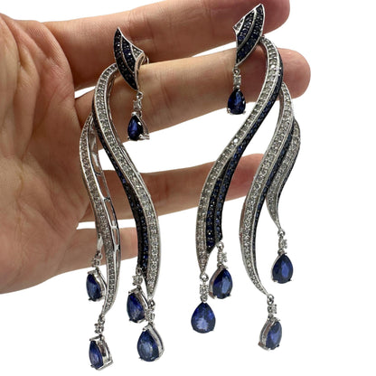 18K White Gold Diamond and Pear Cut Sapphire Flowing Casade Earrings