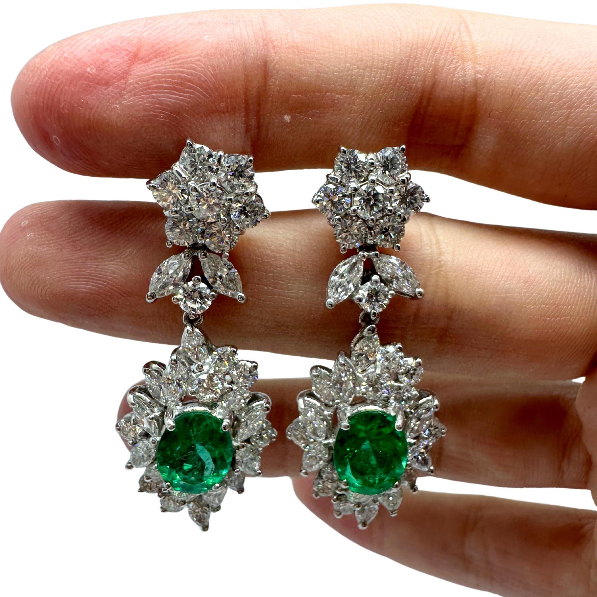 18K White Gold Marquise Cut Diamond and Emerald Drop Earrings