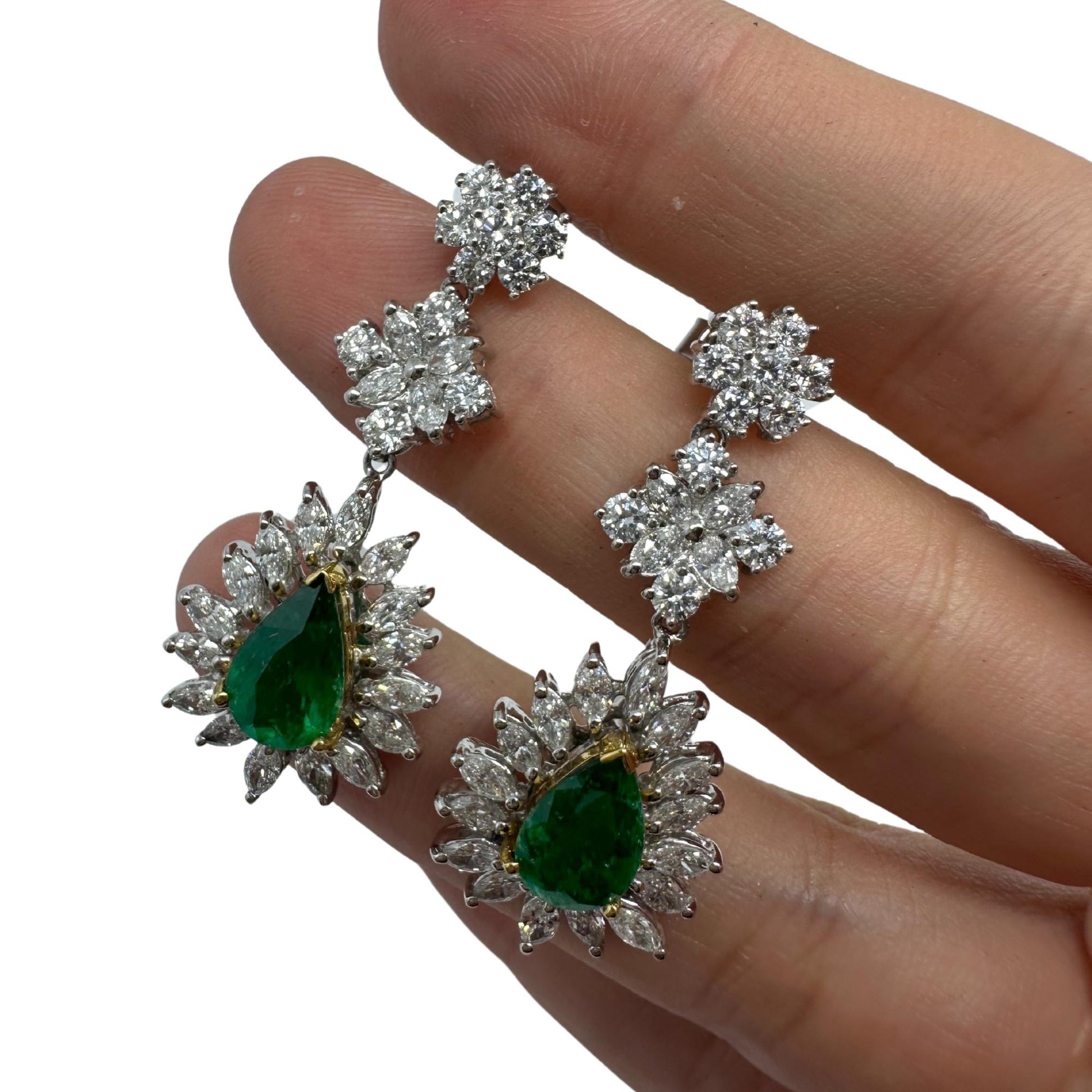 18K Two Tone Marquise Cut Diamond and Pear Cut Emerald Drop Earrings