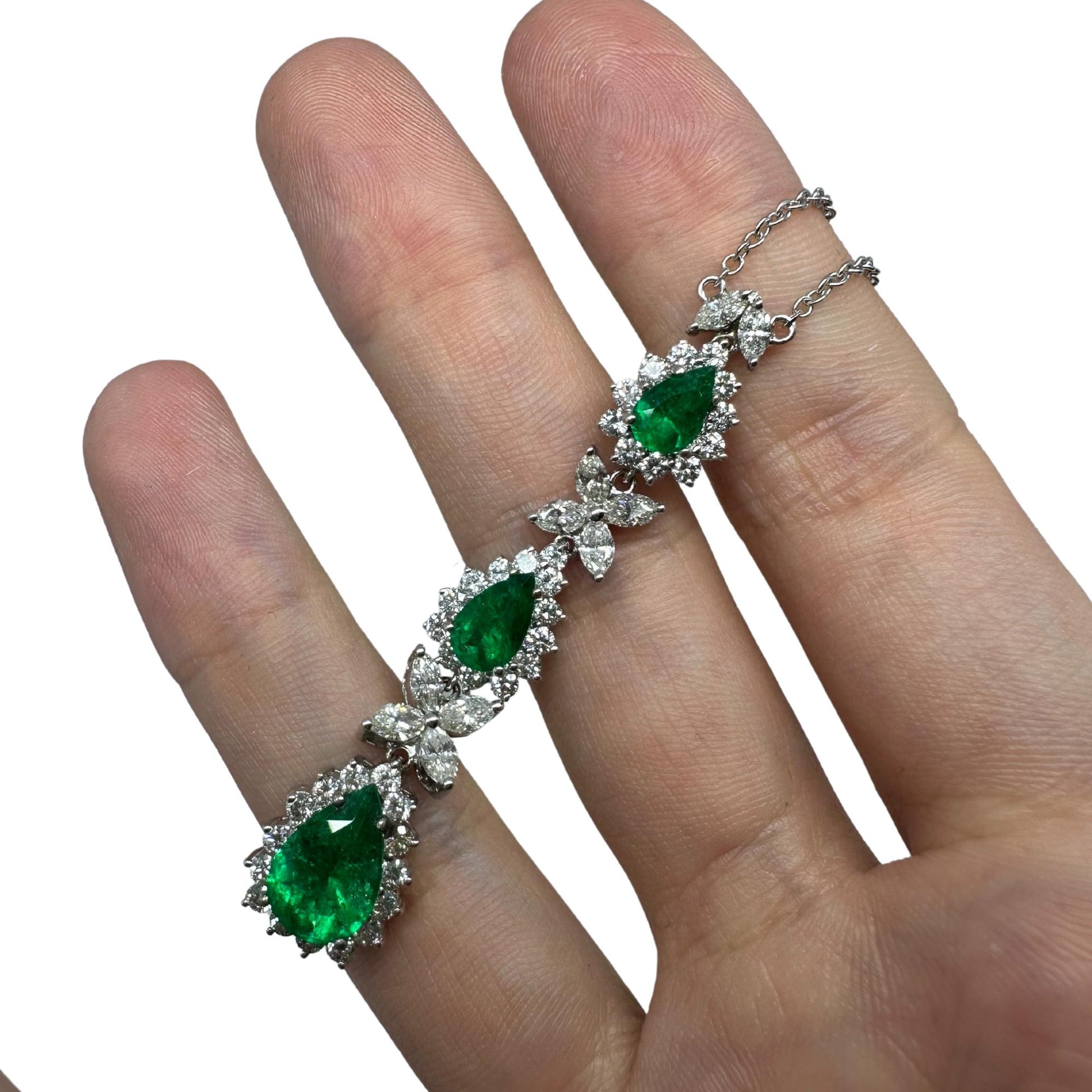 18K White Gold Marquise Cut Diamond and Pear Cut Emerald Necklace