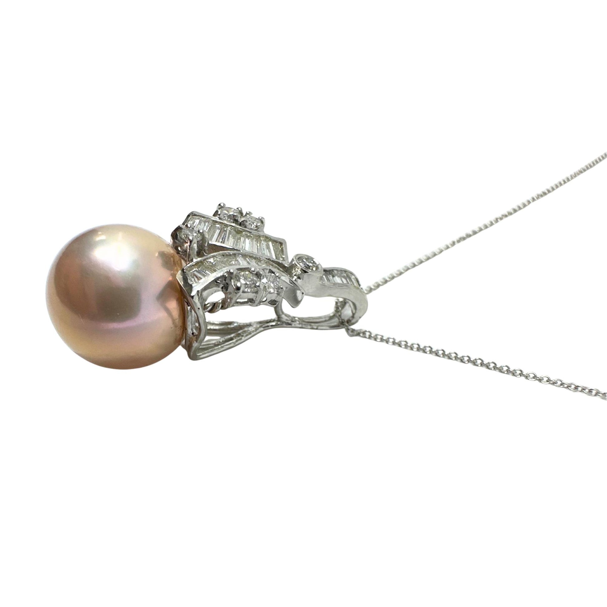 18K White Gold .65ct Diamond and Pink Pearl Pendant Necklace
