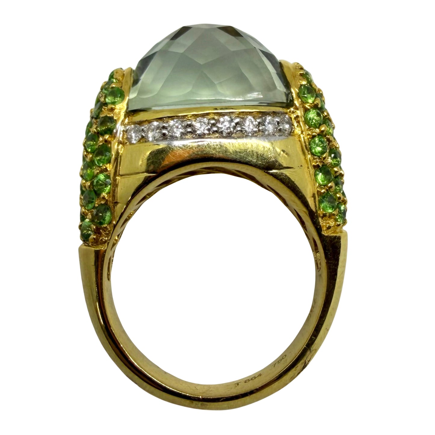 18K Yellow Gold Diamond, Green Garnet and Checkered Green Gemstone Cocktail Ring