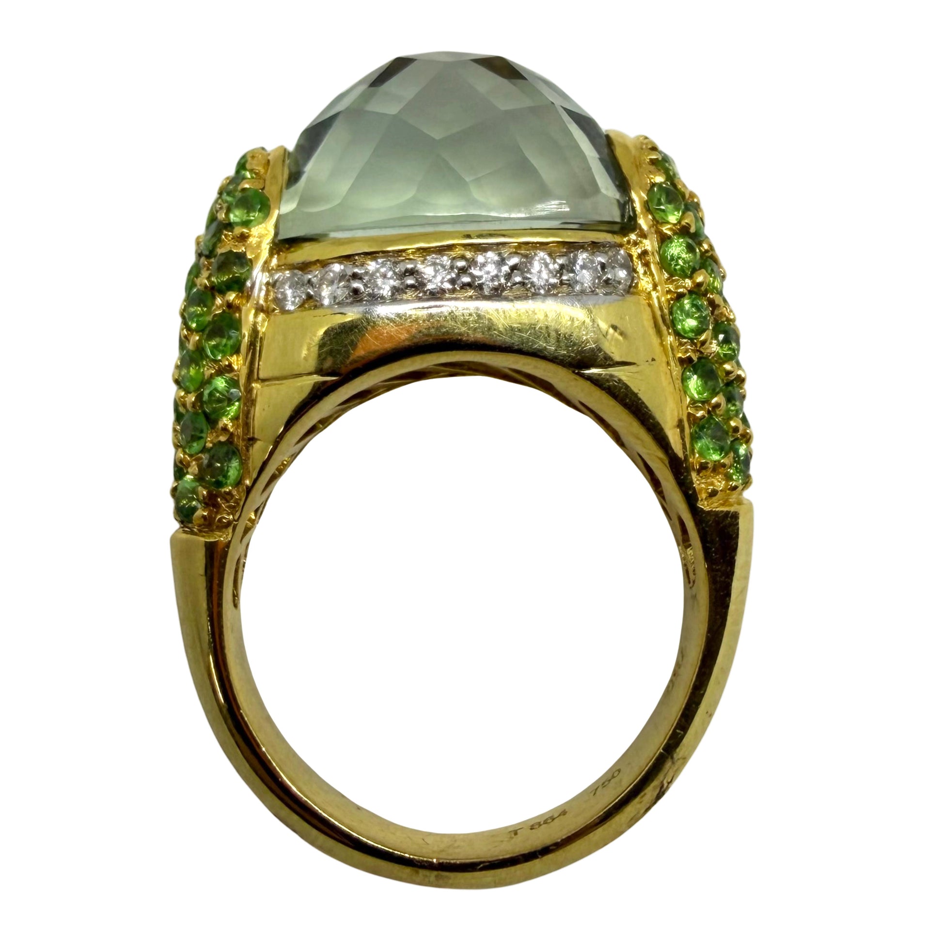 18K Yellow Gold Diamond, Green Garnet and Checkered Green Gemstone Cocktail Ring
