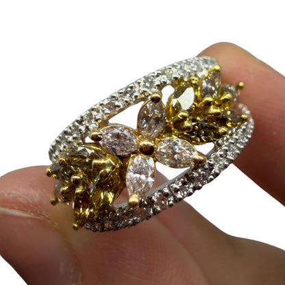 18K Two Tone Marquise Cut Pink, Yellow and White Diamond Flower Band Ring