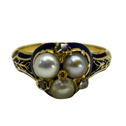 14k Victorian Diamond, Pearl and Blue Enamel Trefoil Ring