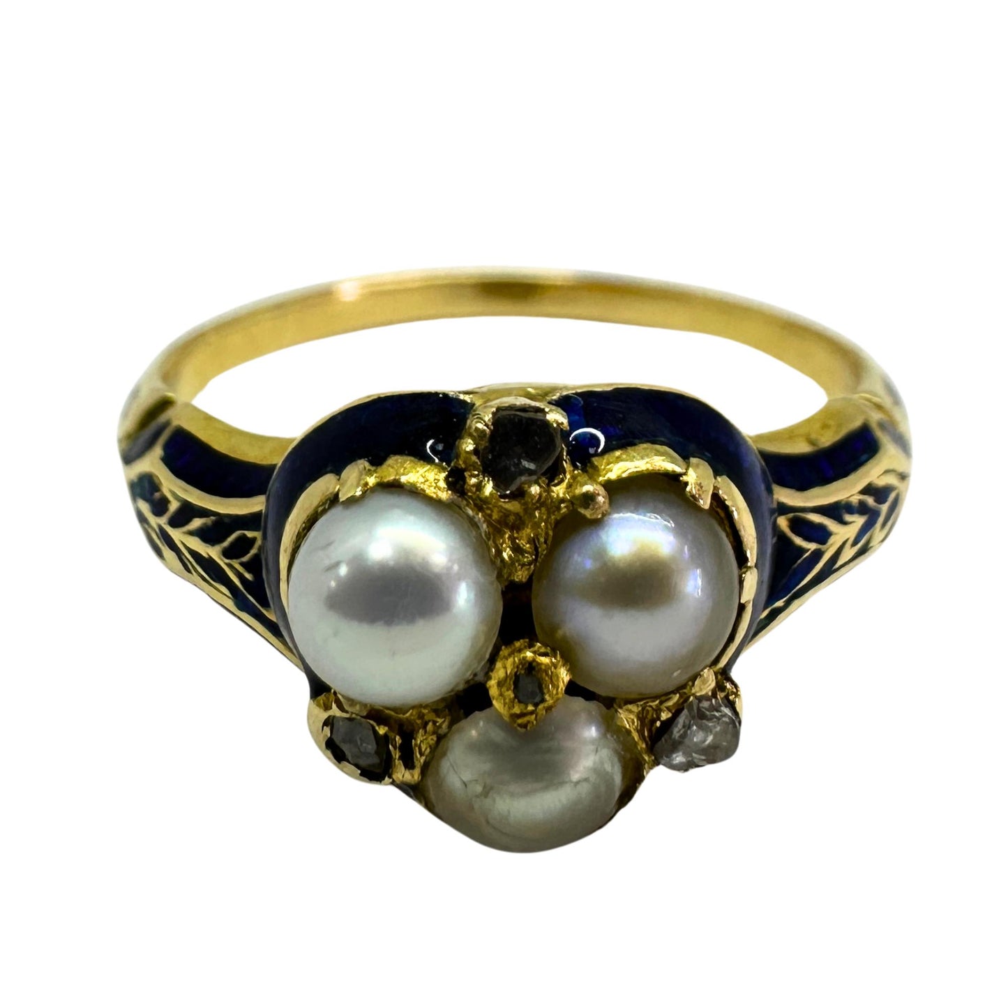 14k Victorian Diamond, Pearl and Blue Enamel Trefoil Ring