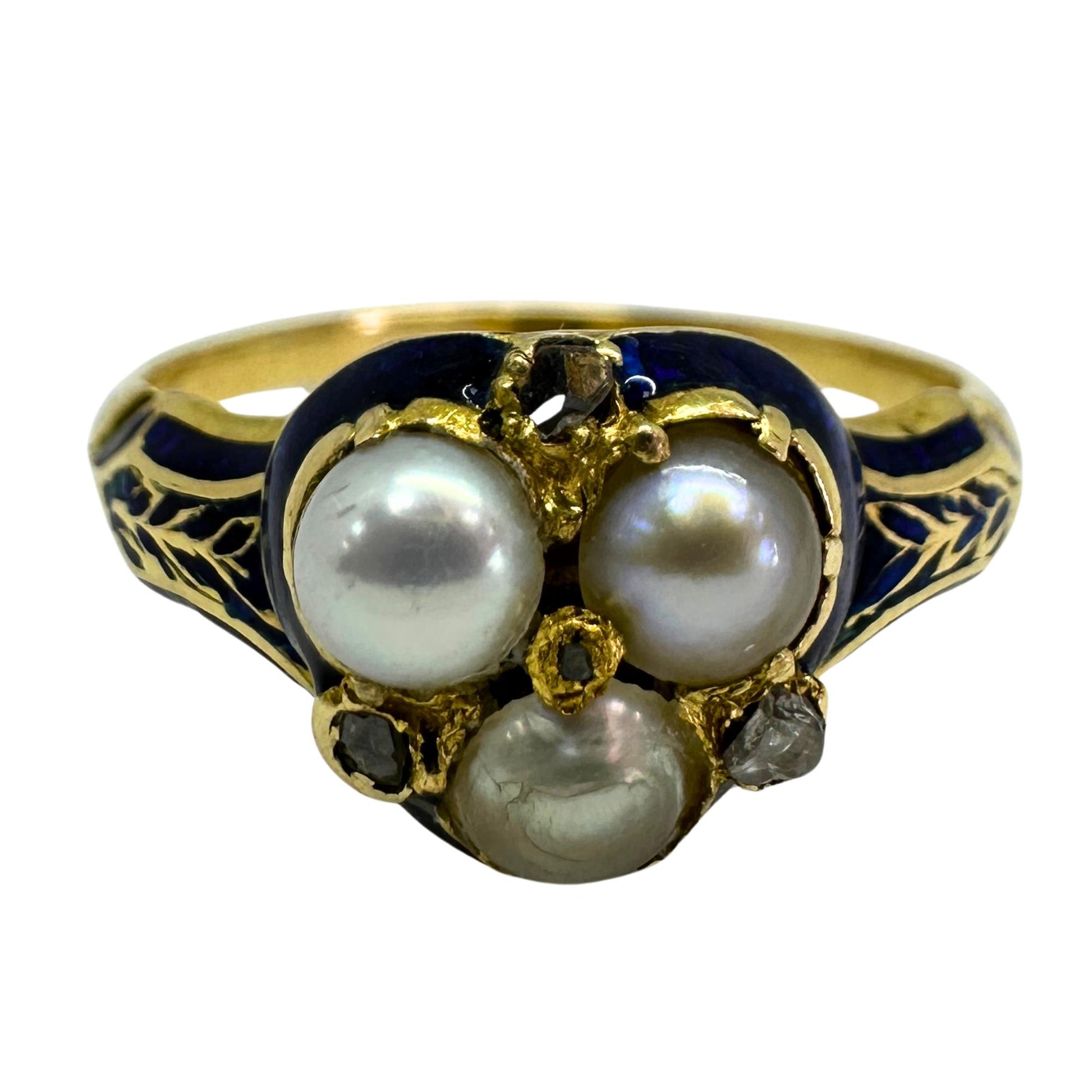 14k Victorian Diamond, Pearl and Blue Enamel Trefoil Ring