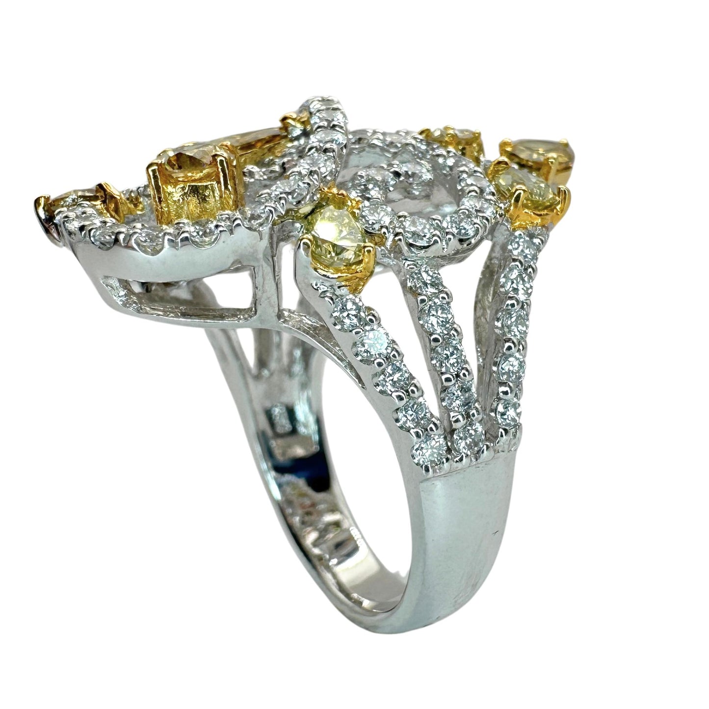 18K Two Tone Yellow and White Diamond Cocktail Ring - Size 6.5