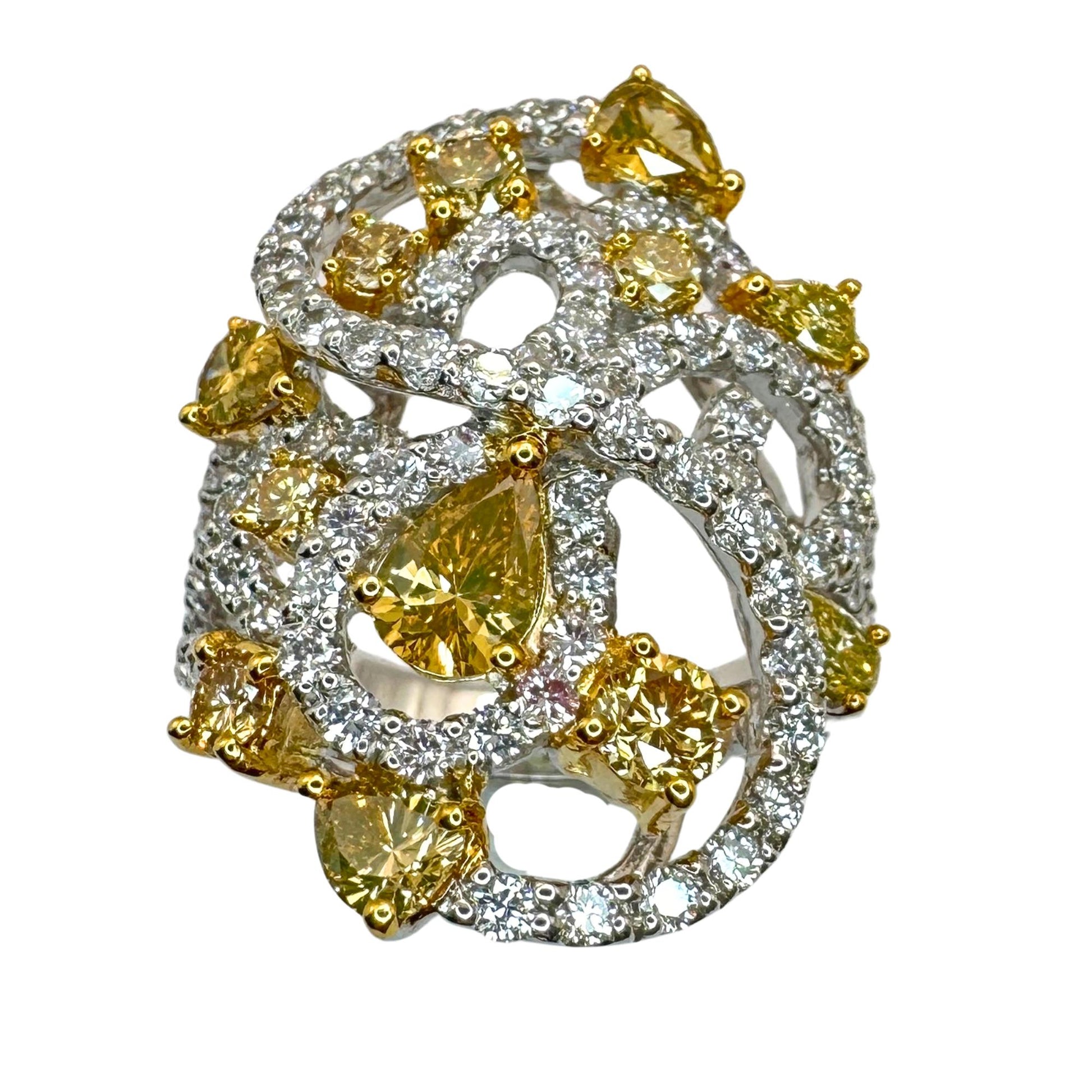 18K Two Tone Yellow and White Diamond Cocktail Ring - Size 6.5
