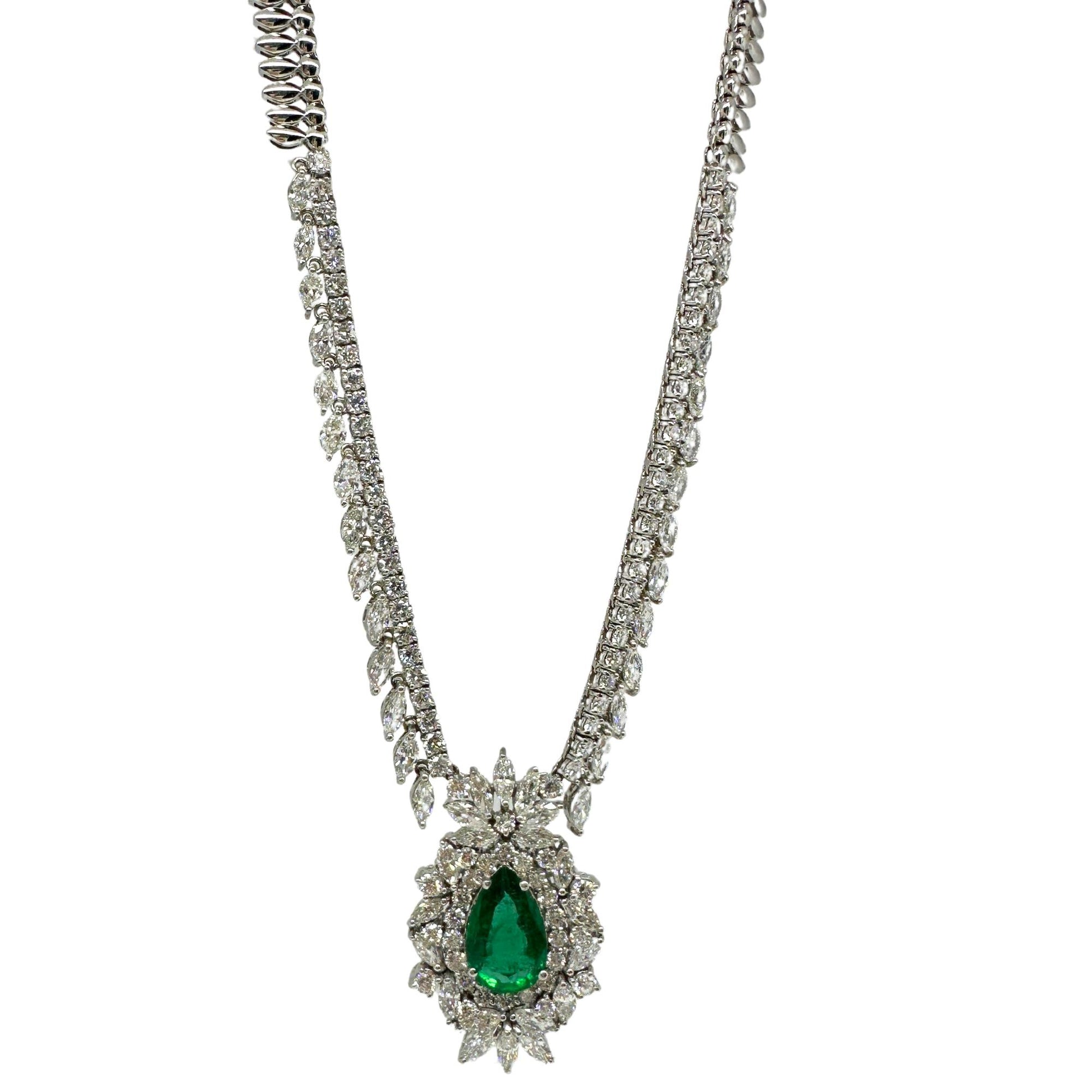 18K White Gold Marquise Cut Diamond and Pear Cut Emerald Necklace