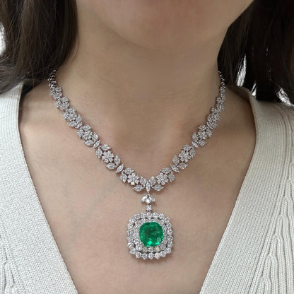 18K White Gold Diamond and Round Emerald Drop Necklace