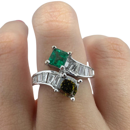 18K White Gold Brown Diamond, Baguette-Cut White Diamond, and Emerald Toi et Moi