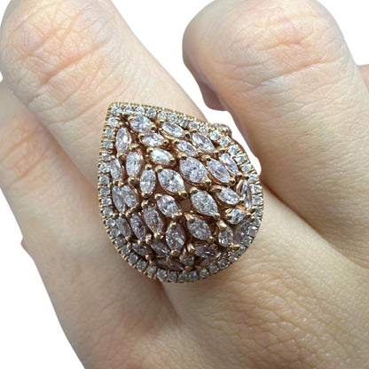 18K Rose Gold Marquise Cut Pink and White Diamond Tear Drop Dome Ring