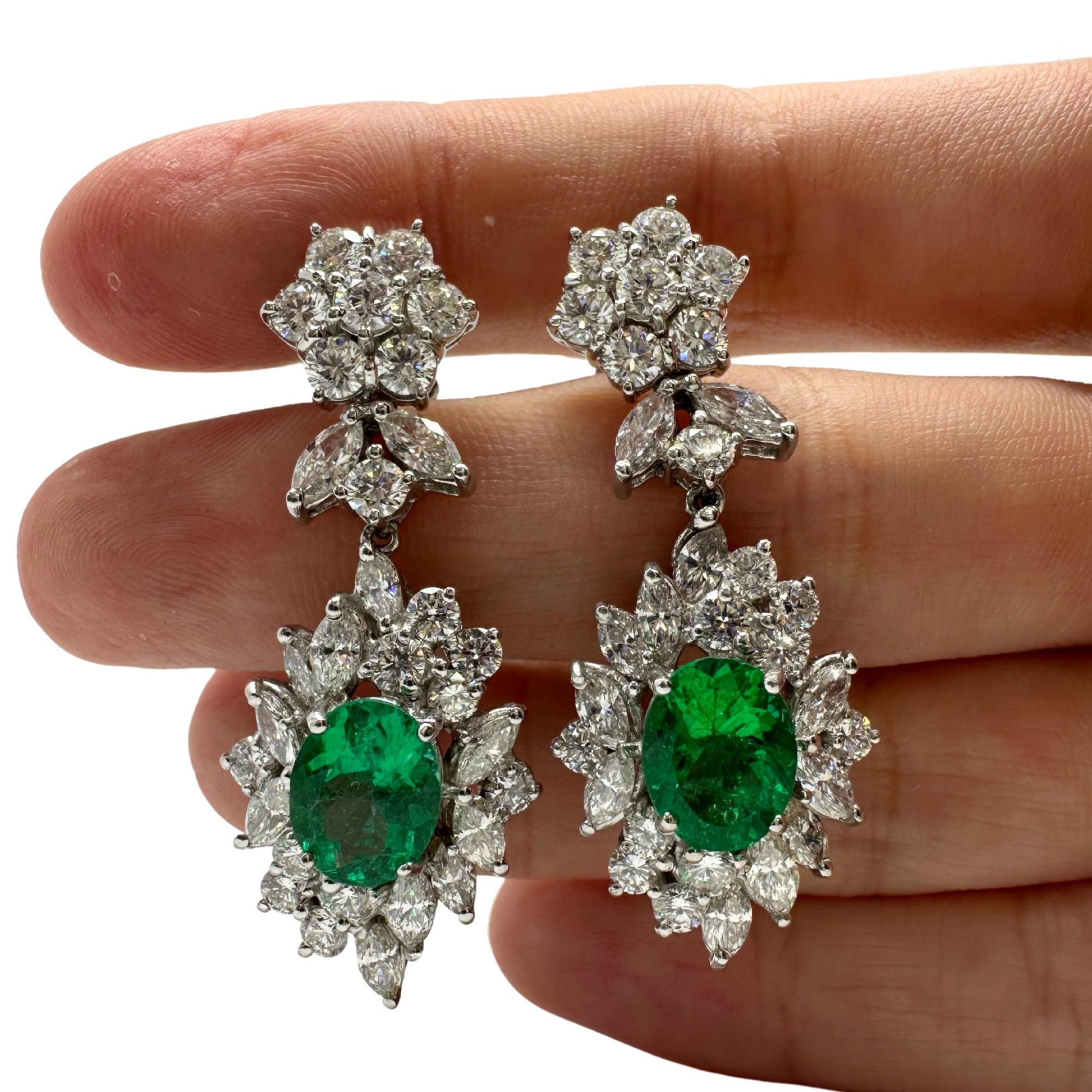 18K White Gold Marquise Cut Diamond and Emerald Drop Earrings