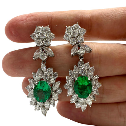 18K White Gold Marquise Cut Diamond and Emerald Drop Earrings