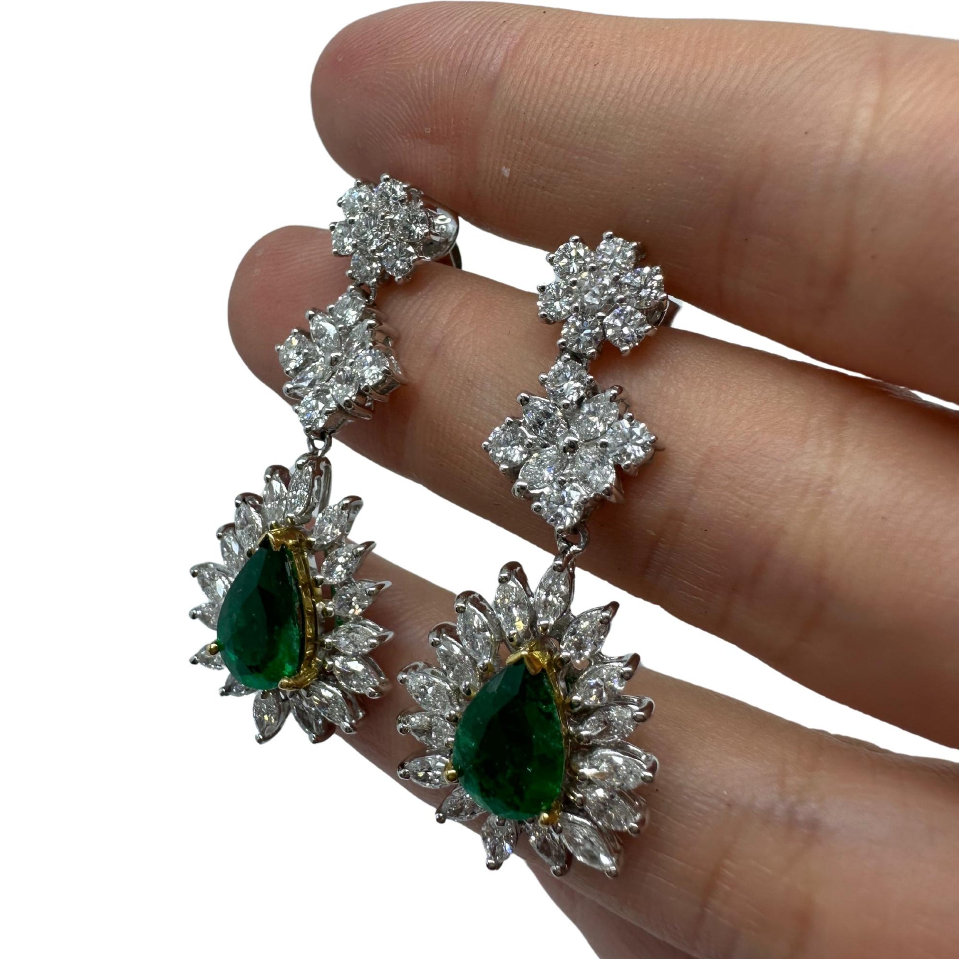 18K Two Tone Marquise Cut Diamond and Pear Cut Emerald Drop Earrings