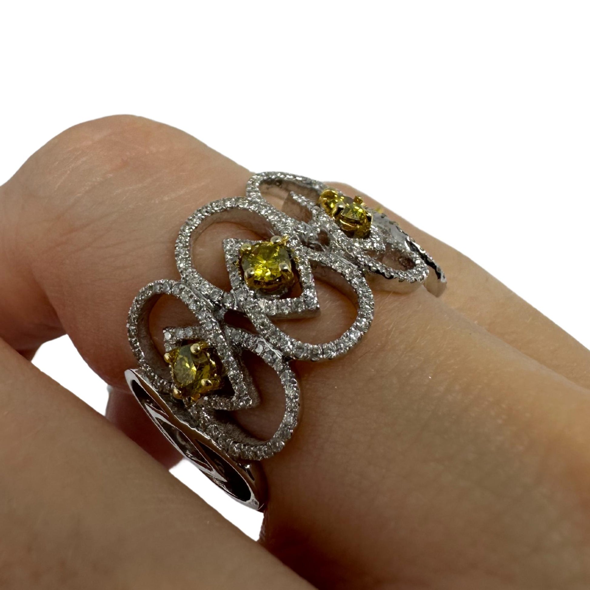 18K White Gold White and Yellow Diamond Wide Band Ring