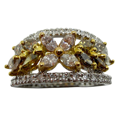 18K Two Tone Marquise Cut Pink, Yellow and White Diamond Flower Band Ring