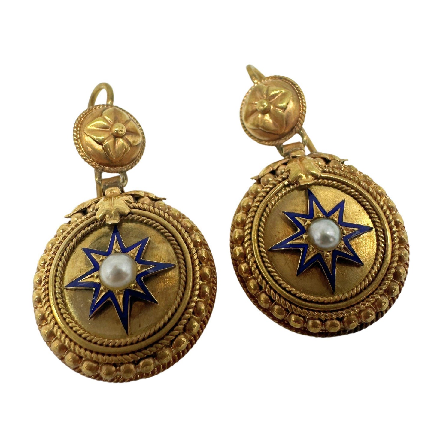 14k Victorian Pearl and Blue Enamel Drop Earrings