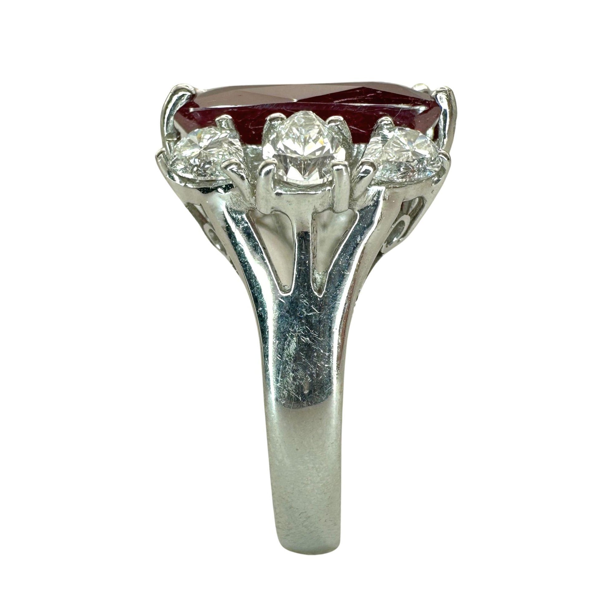 18K White Gold 6.55 Carat Ruby and Pear Cut Diamond Ring - Size 6.25