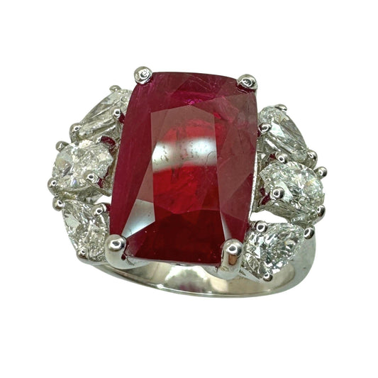 18K White Gold 6.55 Carat Ruby and Pear Cut Diamond Ring - Size 6.25