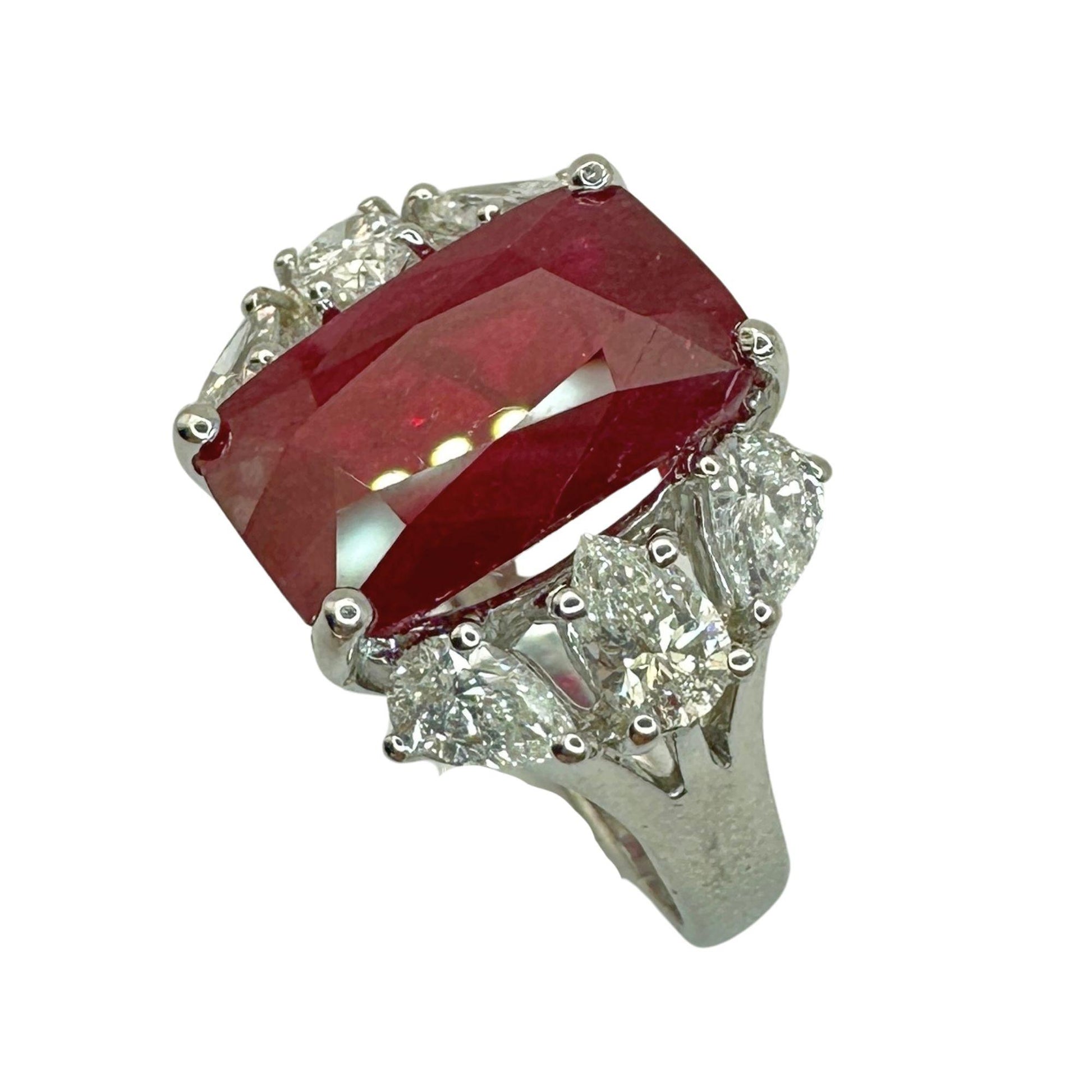 18K White Gold 6.55 Carat Ruby and Pear Cut Diamond Ring - Size 6.25