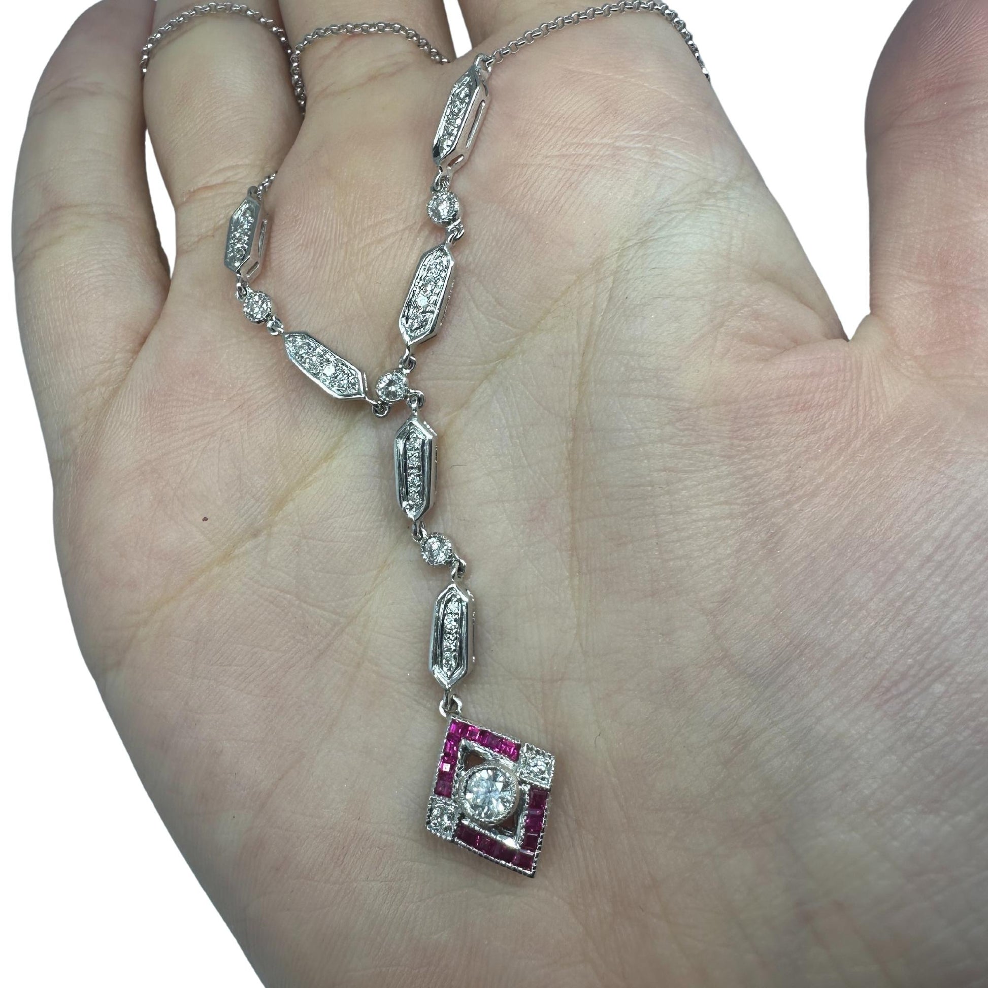 Estate 18K White Gold Diamond and Ruby Y-Necklace