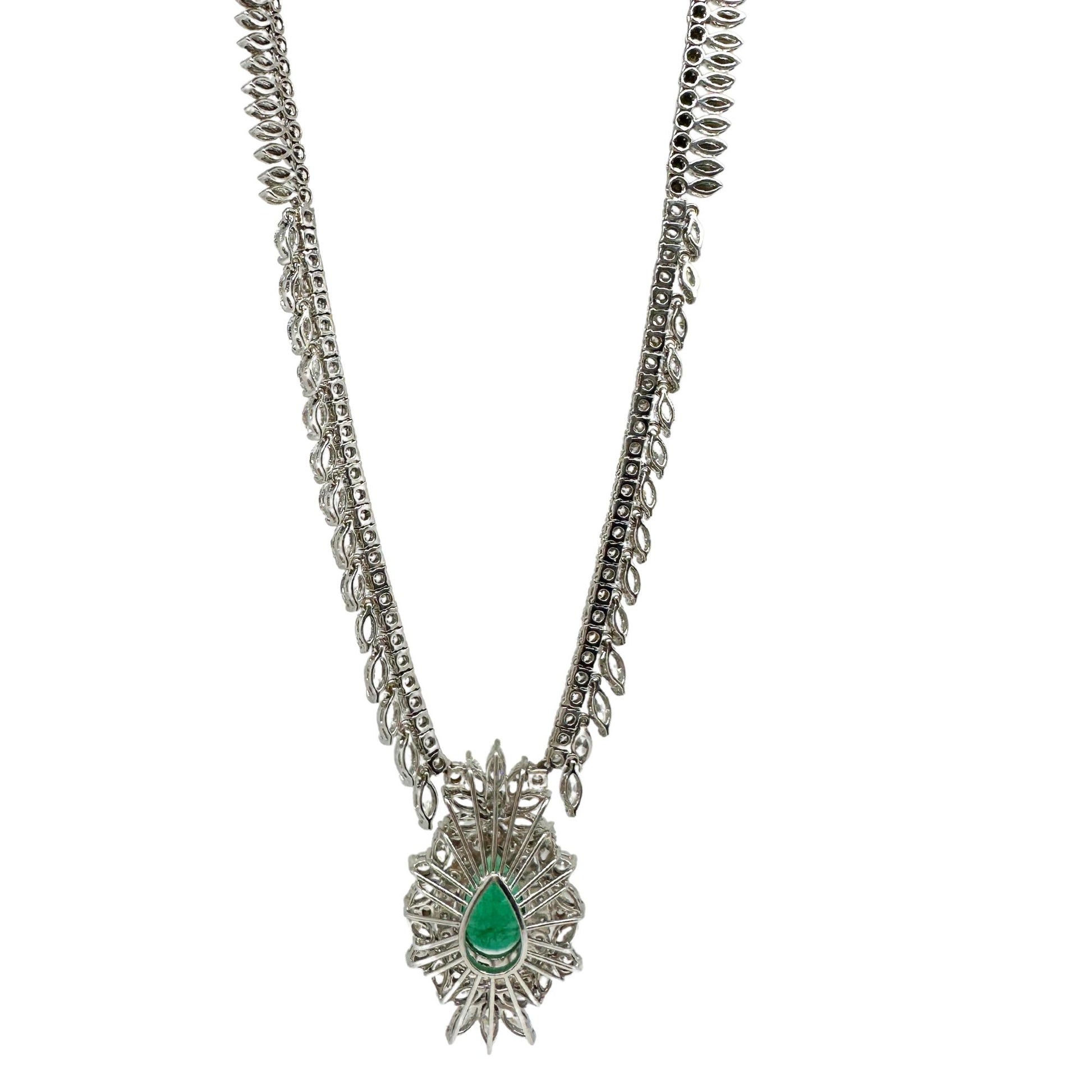 18K White Gold Marquise Cut Diamond and Pear Cut Emerald Necklace