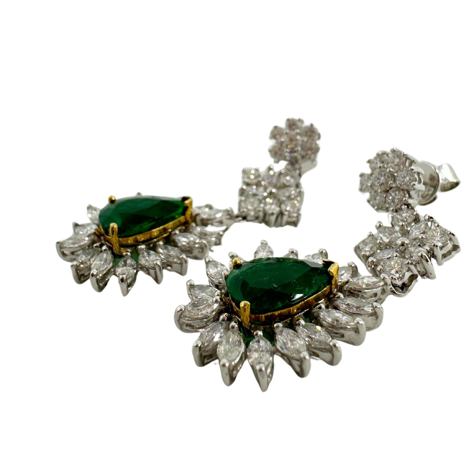 18K Two Tone Marquise Cut Diamond and Pear Cut Emerald Drop Earrings